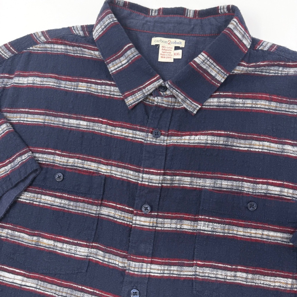 Carbon2Cobalt Mens XXL Navy Blue Striped Cotton Short Sleeve Button Down Shirt